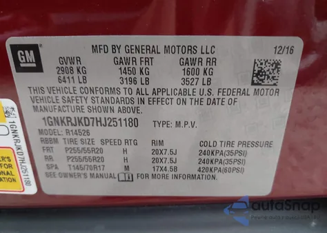 2017 Chevrolet Traverse Premier z USA, uszkodzony, nr VIN 1GNKRJKD7HJ251180